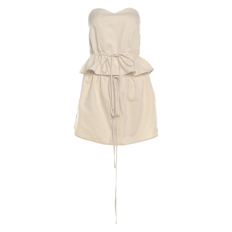 European And American Leisure Solid Color Sleeveless Tube Top Ruffled Drawstring Short Skirt Suit Khaki - Shop at LoveMi