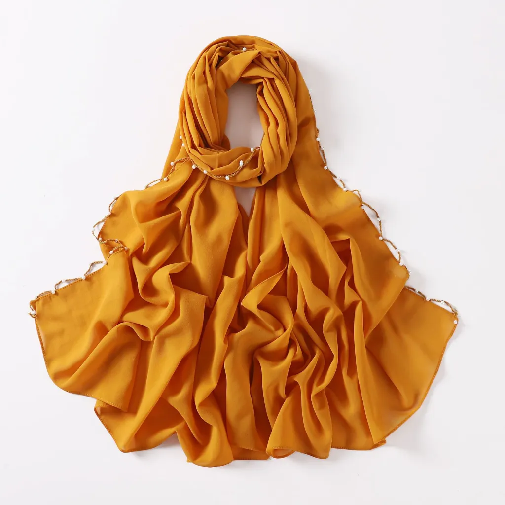 Pearl Chiffon Wavy Edge Beaded Scarf - Mustard Yellow