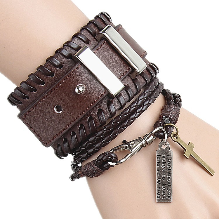 Punk Double-layer Wide Leather Wristband Bracelet