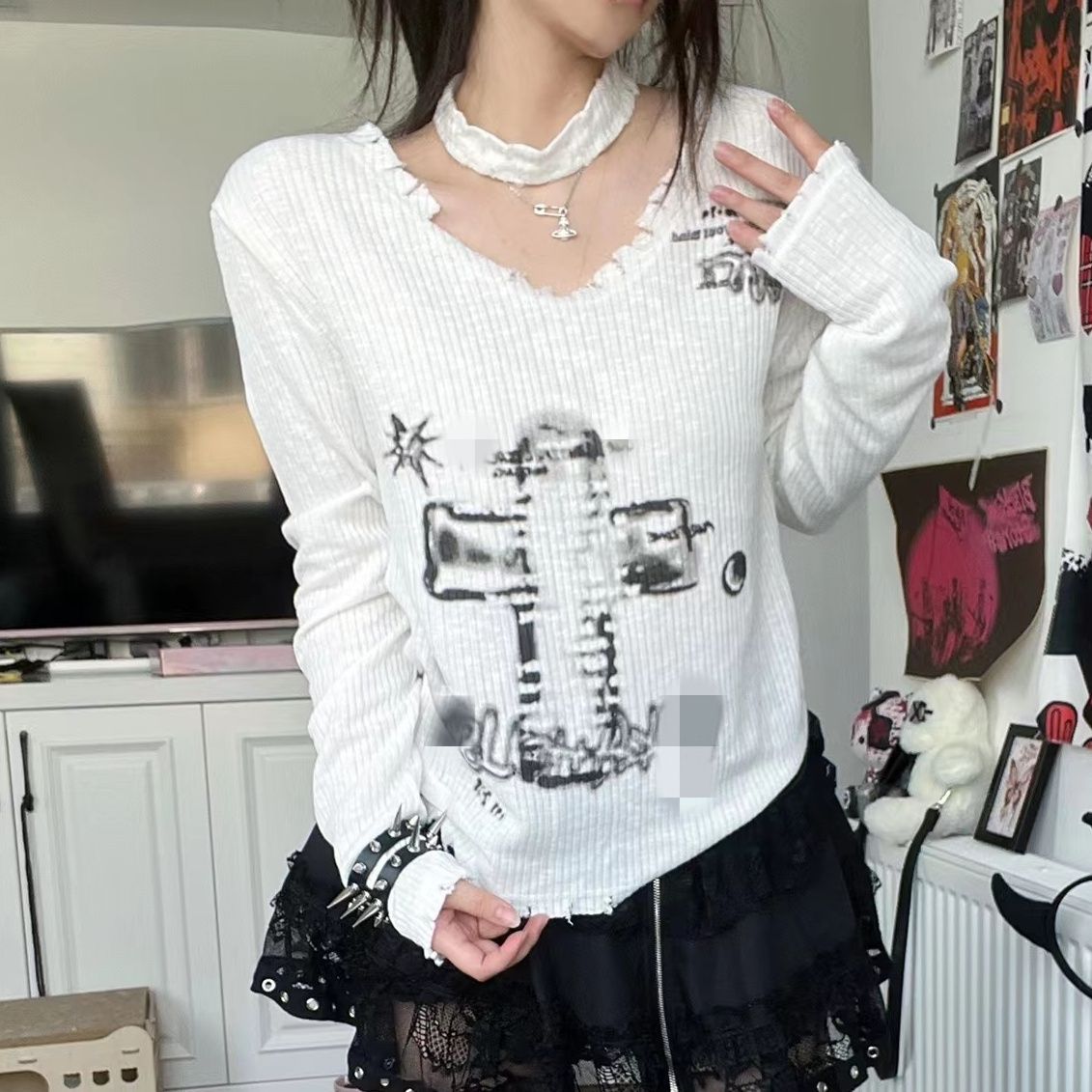 Retro Spicy Girl Cross Printed Loose Sweater For Women