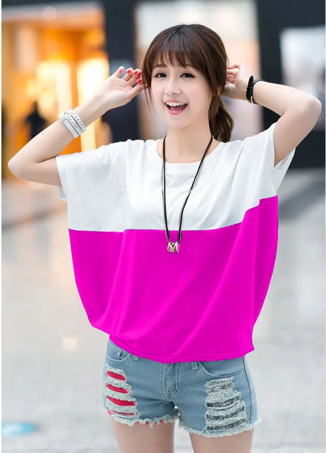 Loose fitting Batwing Sleeve Shirt Student Women's Short Sleeve White Rose - Shop at LoveMi