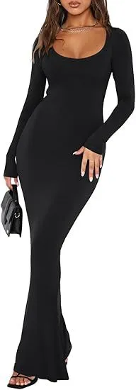 Soft Casual Long Dress With A Square Neckline And Long Sleeves Black - Shop at LoveMi