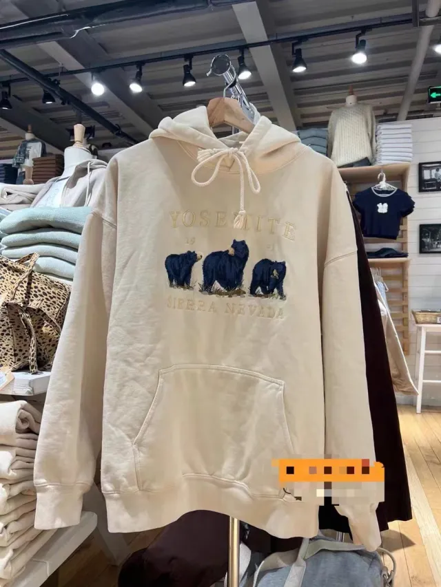 American style Beige Three Bears Embroidery Velvet Hooded Loose Large Sweater Beige - Shop at LoveMi