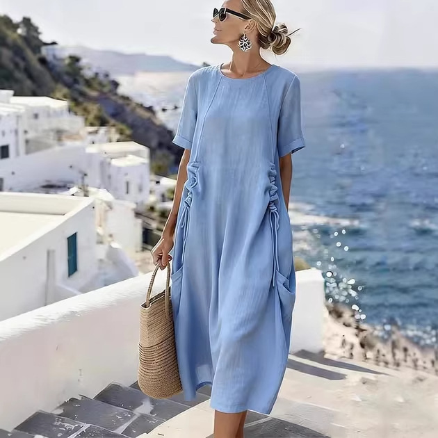 Womens Retro Waist-Cinched Drawstring Pocket Crew-Neck Short-Sleeve Dress