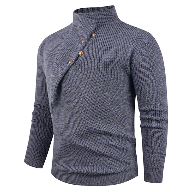Mens Fashion Stand Collar Sweater With Slanted Buttons Mens Casual Pullover - Image 3