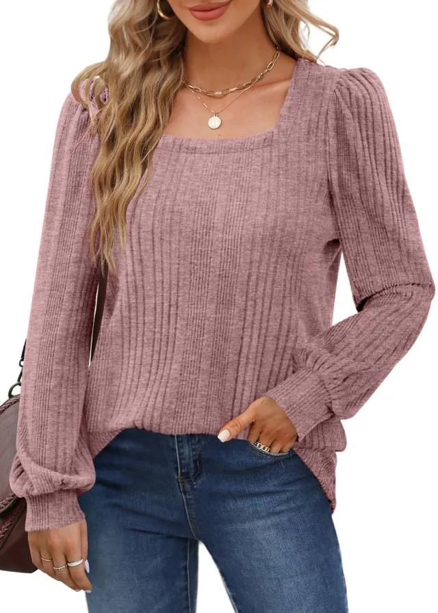 Women's Sunken Stripe Square Collar Fashion Casual Long Sleeve Top Pink - Shop at LoveMi