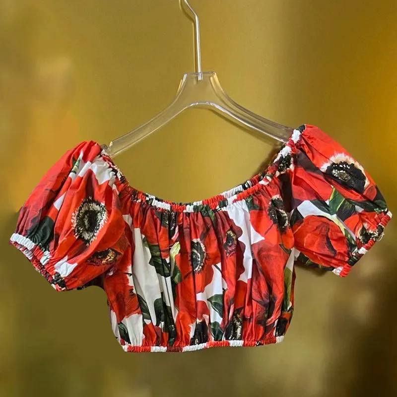 Red On White Flower Print Short Sleeve Pullover Top Long Skirt - Top