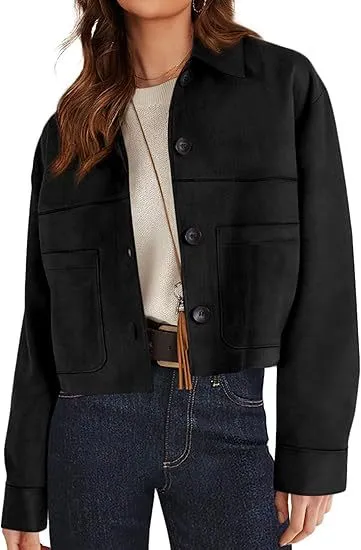 European And American Style Women Faux Suede Short Jacket Casual Lightweight Autumn Fashion Black - Shop at LoveMi