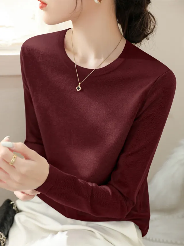 Round Neck Loose Long Sleeve Sweater Wine Red - Shop at LoveMi