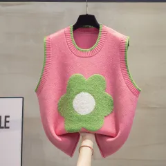 Spring Autumn Outerwear Lace-up Towel Embroidery Flower Knitted Vest - Pink - View 1