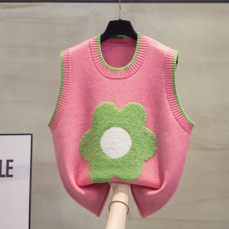 Spring Autumn Outerwear Lace-up Towel Embroidery Flower Knitted Vest - Pink