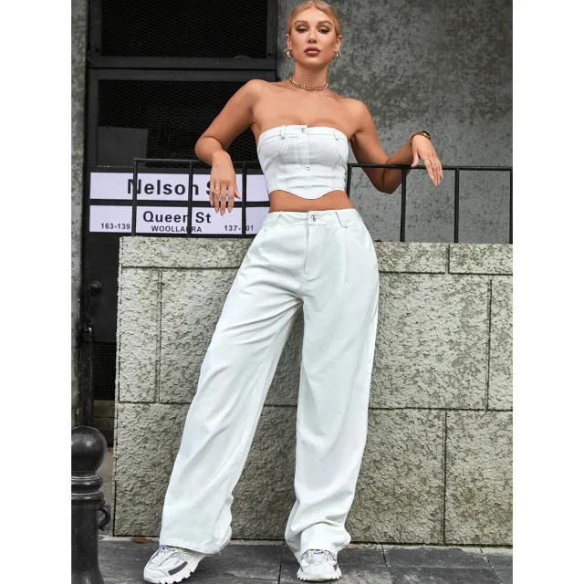 Women's Fashion Trendy High Waist Loose Denim Trousers White - Shop at LoveMi