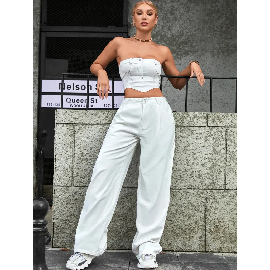 Women's Fashion Trendy High Waist Loose Denim Trousers - White