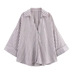 Women's Casual Striped Loose Lapel Long Sleeve Shirt - Light Purple - View 1