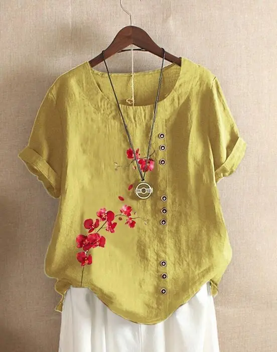 Retro Cotton And Linen Printed Loose Casual Shirt Short sleeved T shirt For Women Yellow - Shop at LoveMi