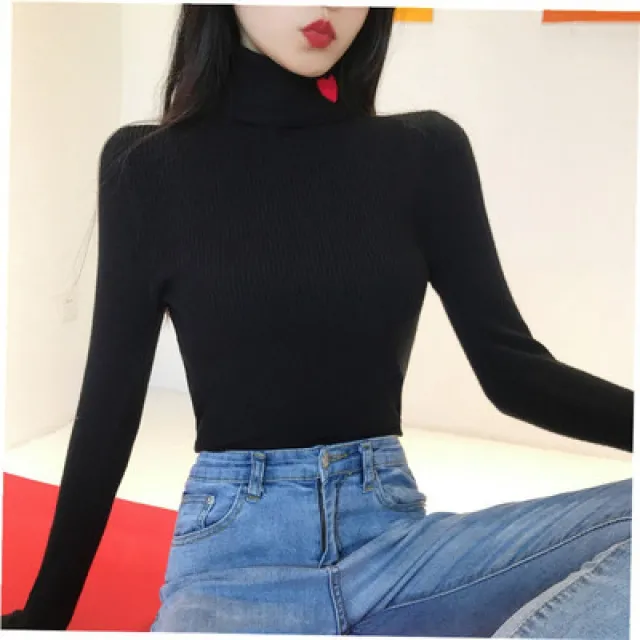 Women's Love Embroidered Turtleneck Sweater Pullover Black - Shop at LoveMi