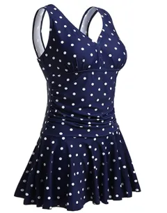 Conservative Women's Plus Size Printed Cherry One-piece Swimsuit - Blue Dots - View 1