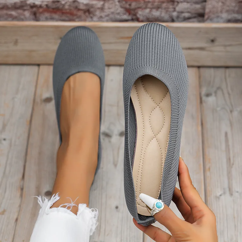 Round Toe Flats Shoes Casual Comfortable Soft Slip On Knit Mesh Shoes For Women