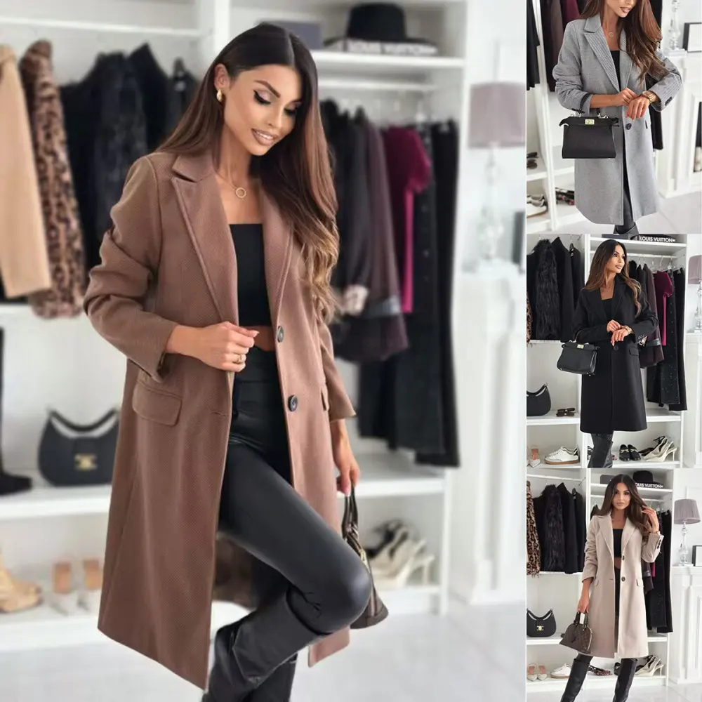 Lapel Single-breasted Wool Coat Winter Long Sleeve Solid Color