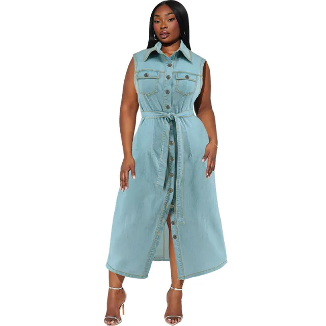 Plus Size Women's Lapel Sleeveless Denim Lace up Long Dress Light Blue - Shop at LoveMi