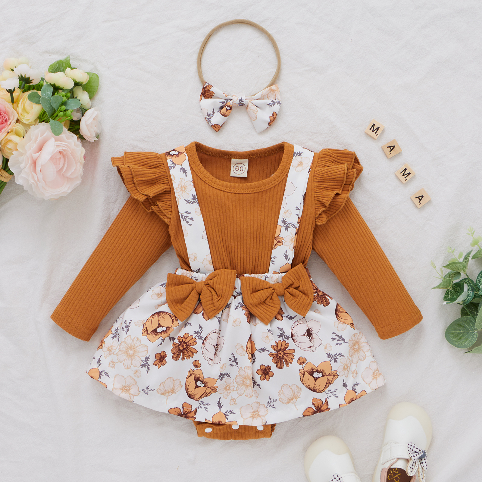 Children's Triangle Jumpsuit Without Hooded Long-sleeved Straps in Brown