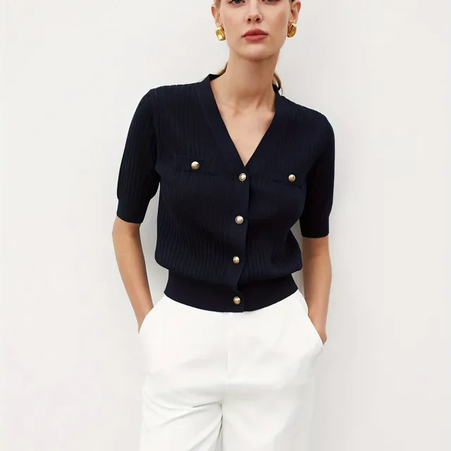 Solid Color Casual Button V neck Short Cardigan Navyblue - Shop at LoveMi
