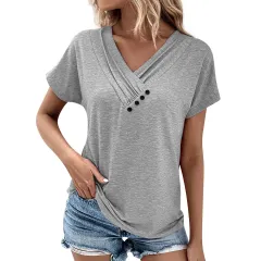 Women's Casual V-neck Short-sleeved T-shirt Pleated Solid Colour Buttons Top - Grey - View 1