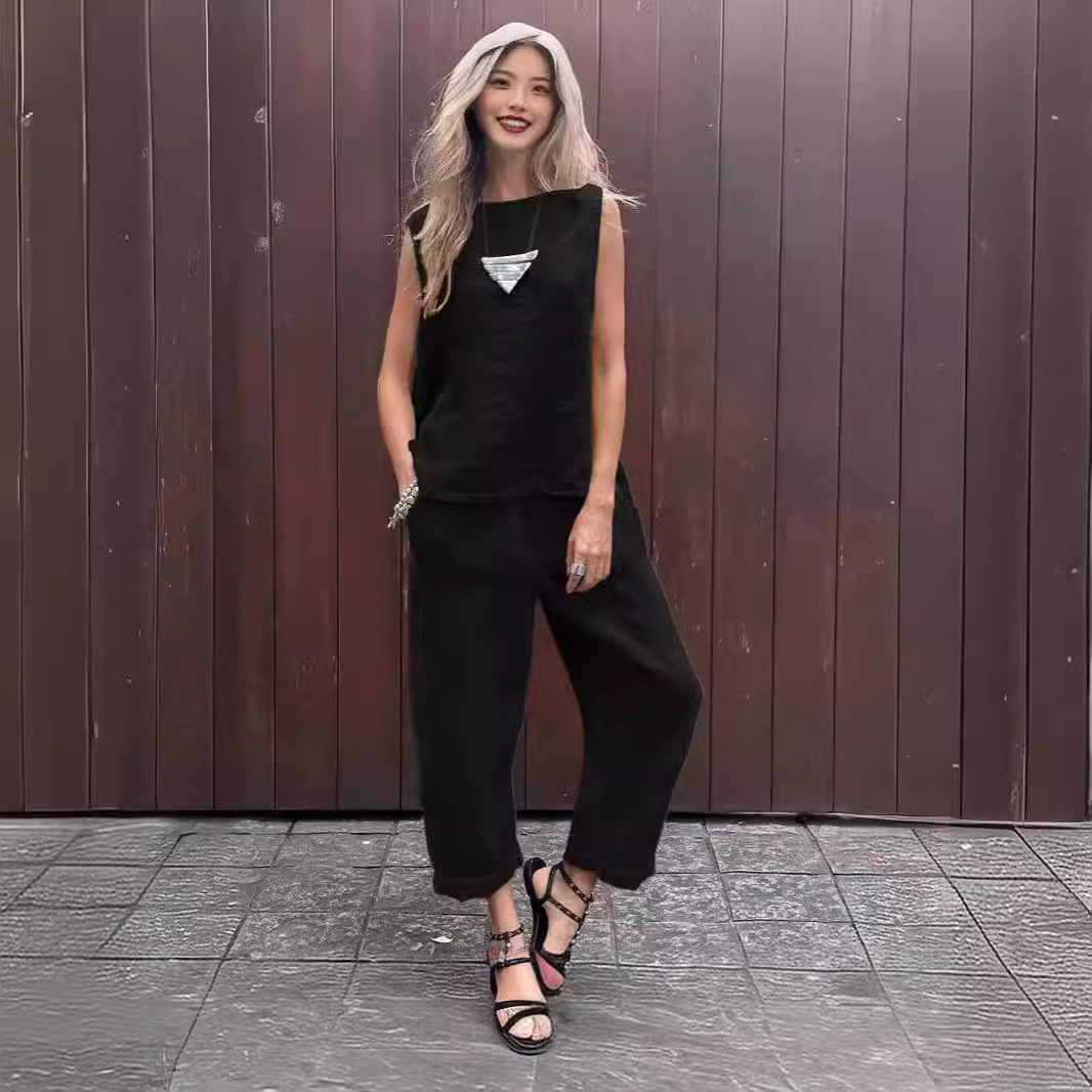 Cotton And Linen Fashion Casual Loose Two piece Suit Sleeveless Top Loose Trousers Women's Suit Black - Shop at LoveMi