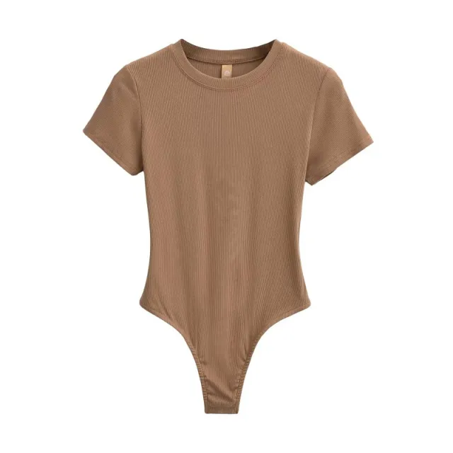 Neck Short Sleeve Rompers Slim Fit Slimming T shirt Top Khaki - Shop at LoveMi