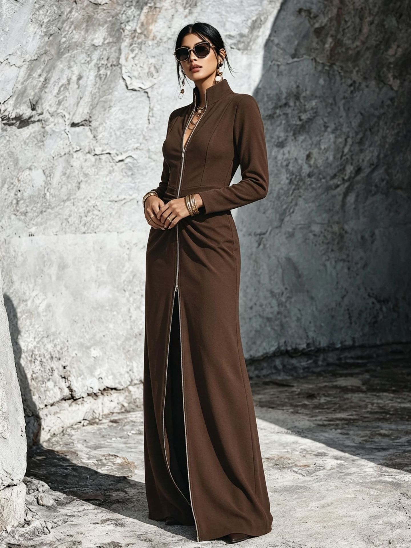 Women's Long-Sleeve Zip-Up Dress - Slim Fit Elegant