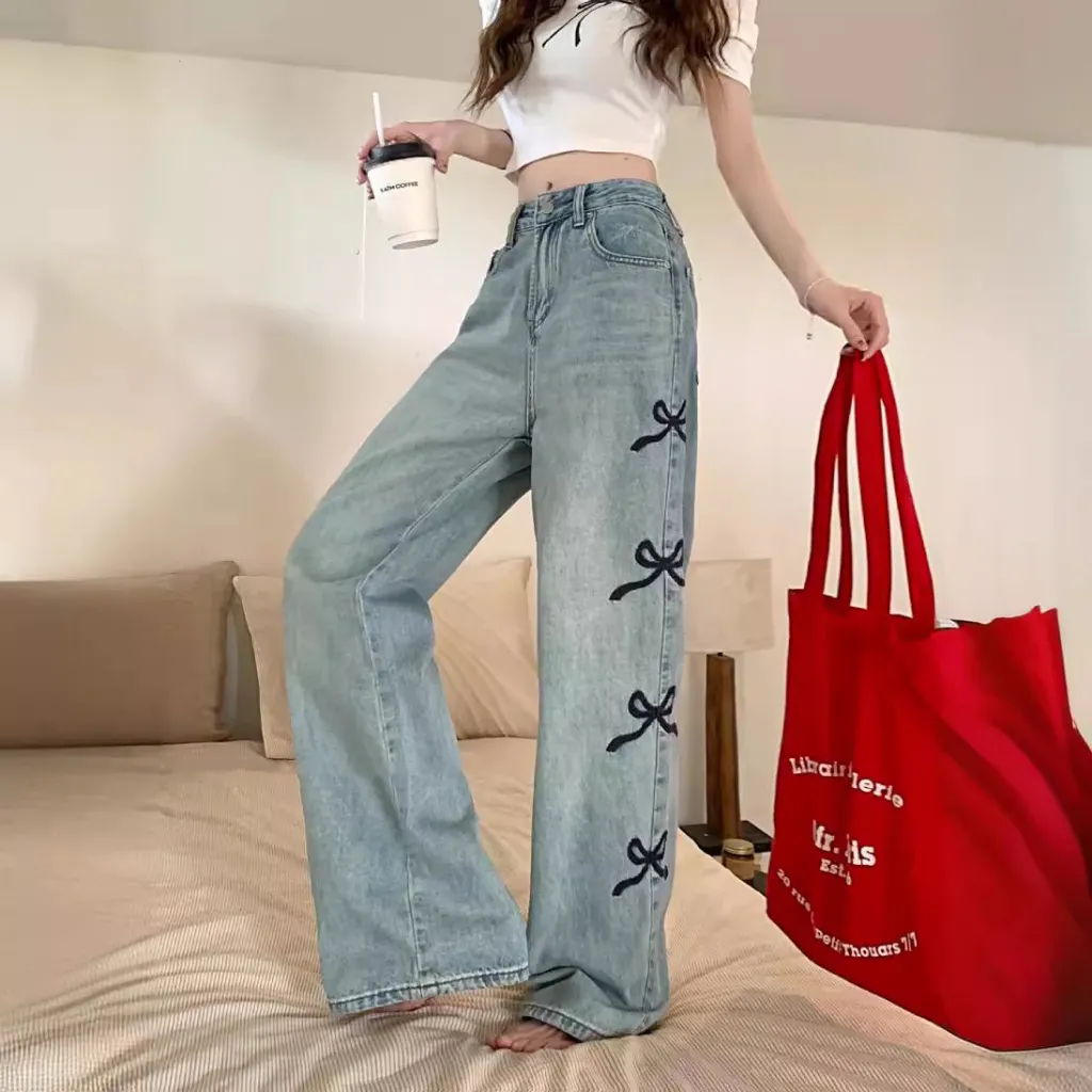 Butterfly Embroidered Jeans Wide-leg Pants For Women - Blue