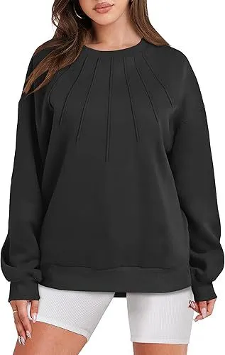 Loose fitting Casual Round neck Pleated Fashion Women's Sweater Black - Shop at LoveMi