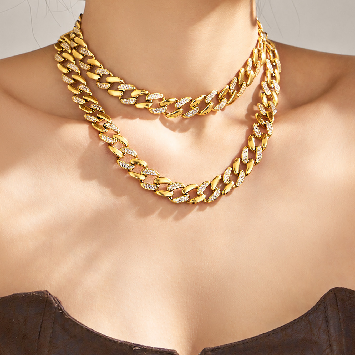 Stainless Steel Necklace And Bracelet Set With Zircon Inlays
