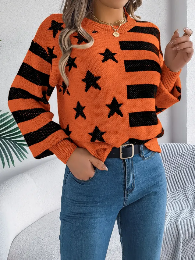 Casual Star Stripes Lantern Long Sleeve Pullover Orange - Shop at LoveMi