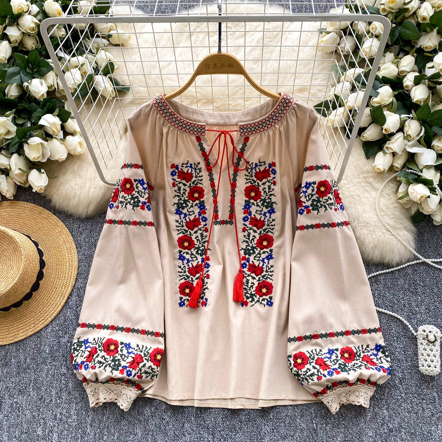 Womens Retro Embroidered Crew-Neck Lace-Up Puff-Sleeve Shirt