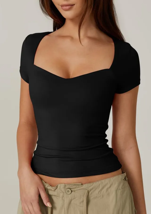 Cross border Women's Heart shaped Collar Short Sleeve T shirt Women's Solid Color Slim Basic Fashion Exposed Navel No 1 - Shop at LoveMi