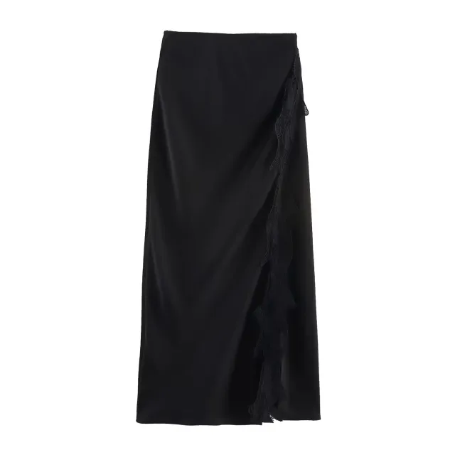 Spring And Summer Side Slit Lace Elastic Waist Satin Skirt Long Skirt Black - Shop at LoveMi