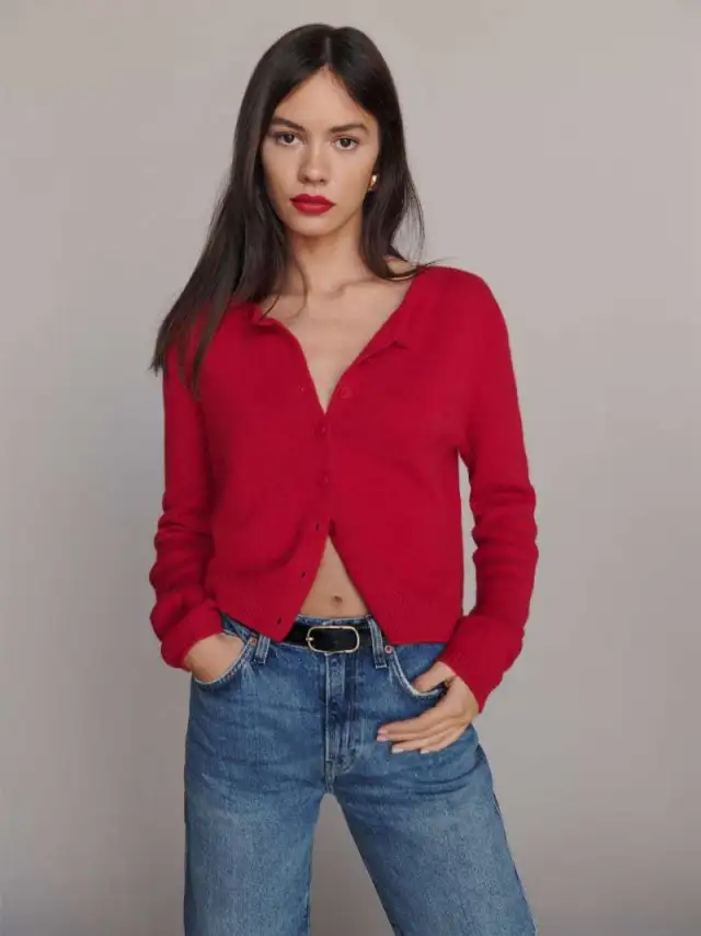Women's Long sleeved Knitted Cardigan Top Button Rich Red - Shop at LoveMi