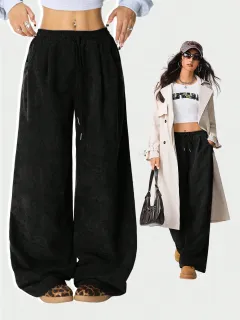 European And American Idle Style High Waist Casual Draping Effect Drawstring Wide Leg Pants - Black - View 1