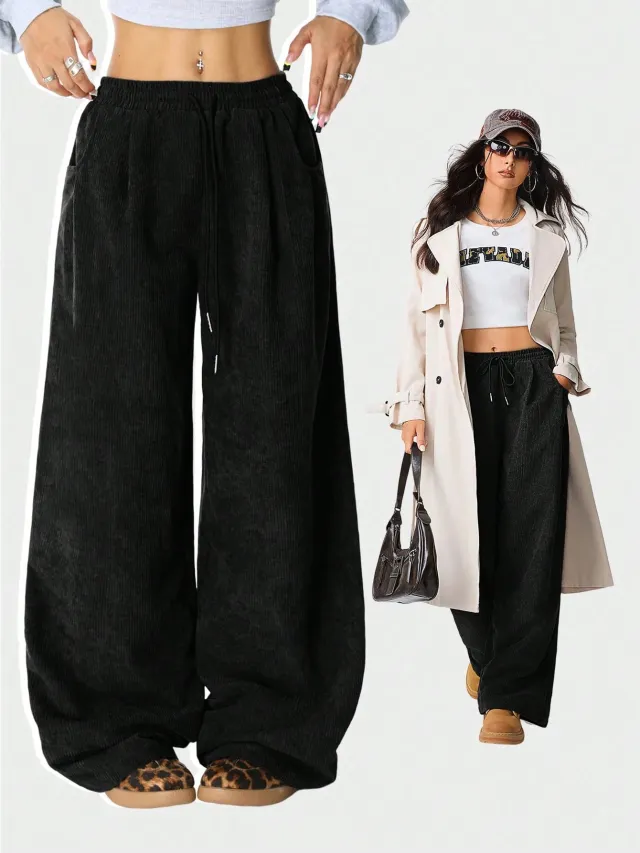 European And American Idle Style High Waist Casual Draping Effect Drawstring Wide Leg Pants Black - Shop at LoveMi