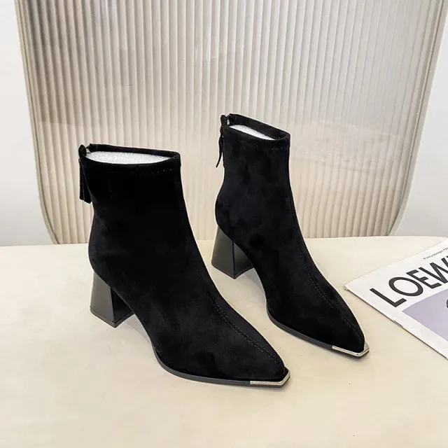 Vintage Chunky heeled Suede Pointed toe Ankle Bootsversatile Black - Shop at LoveMi