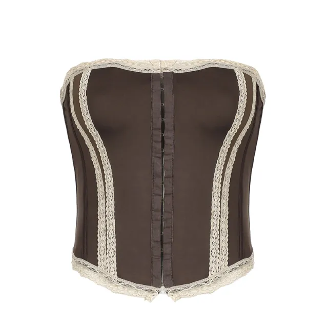 French Royal Style Lace Stitching Waist Girdle Tube Top Wild Vest Women Brown - Shop at LoveMi