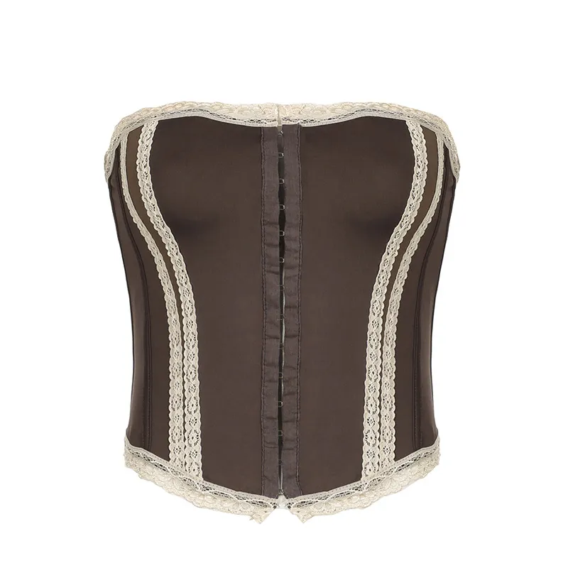 French Royal Style Lace Stitching Waist Girdle Tube Top Wild Vest Women - Brown
