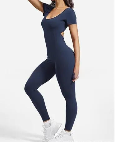 Tight Short Sleeve Rompers Sports And Fitness Running One piece Trousers Yoga Clothes Navy Blue - Shop at LoveMi