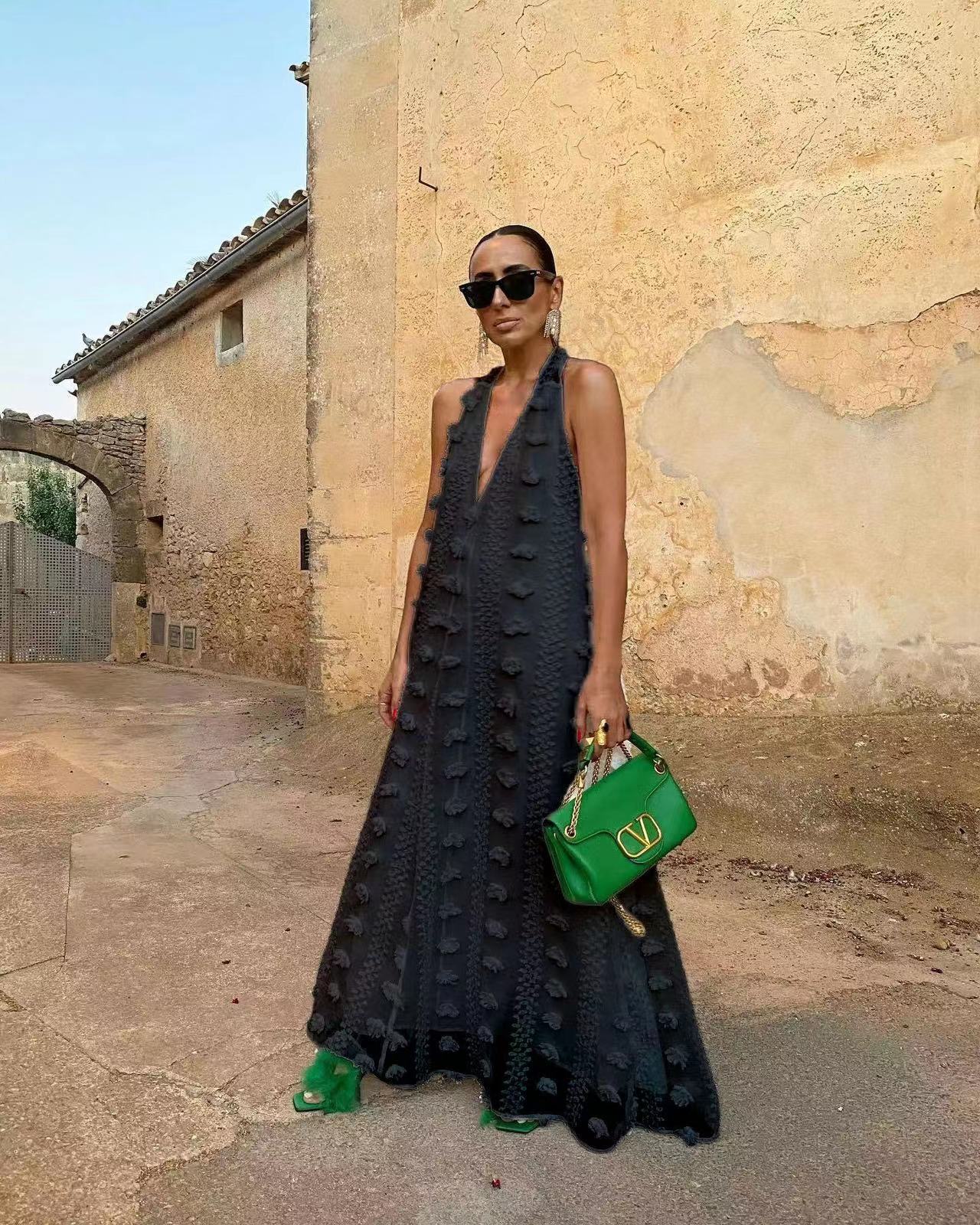 V-neck Halter Three-dimensional Flower Ribbon Dress