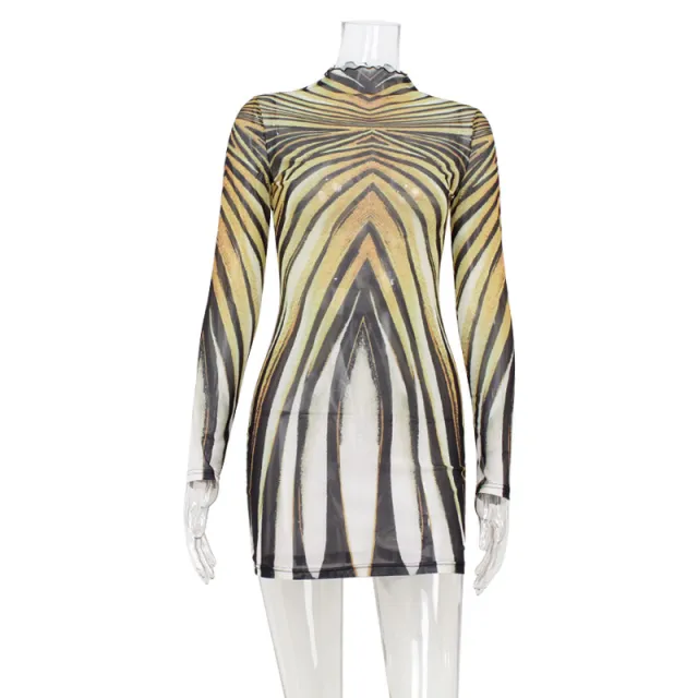 Printed Mesh Sheer Spicy Girl Bodycon Dress Printing S - Shop at LoveMi