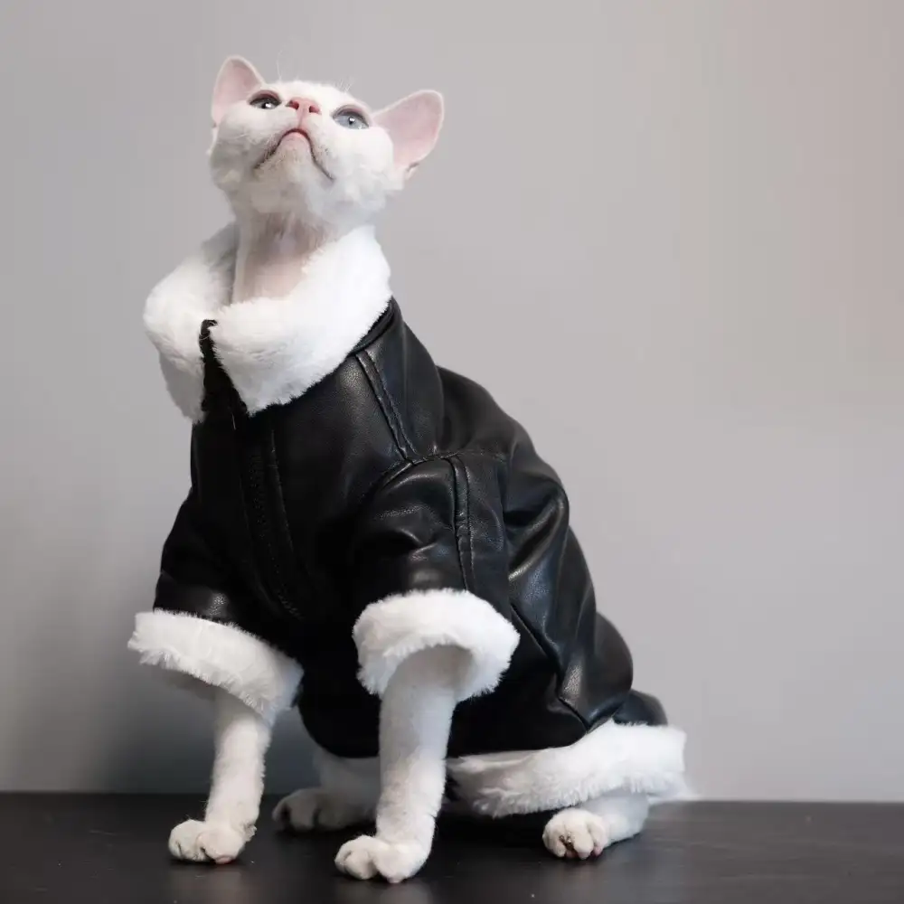Fashion Sphynx Cat Faux Leather Biker Jacket Soft Fleece