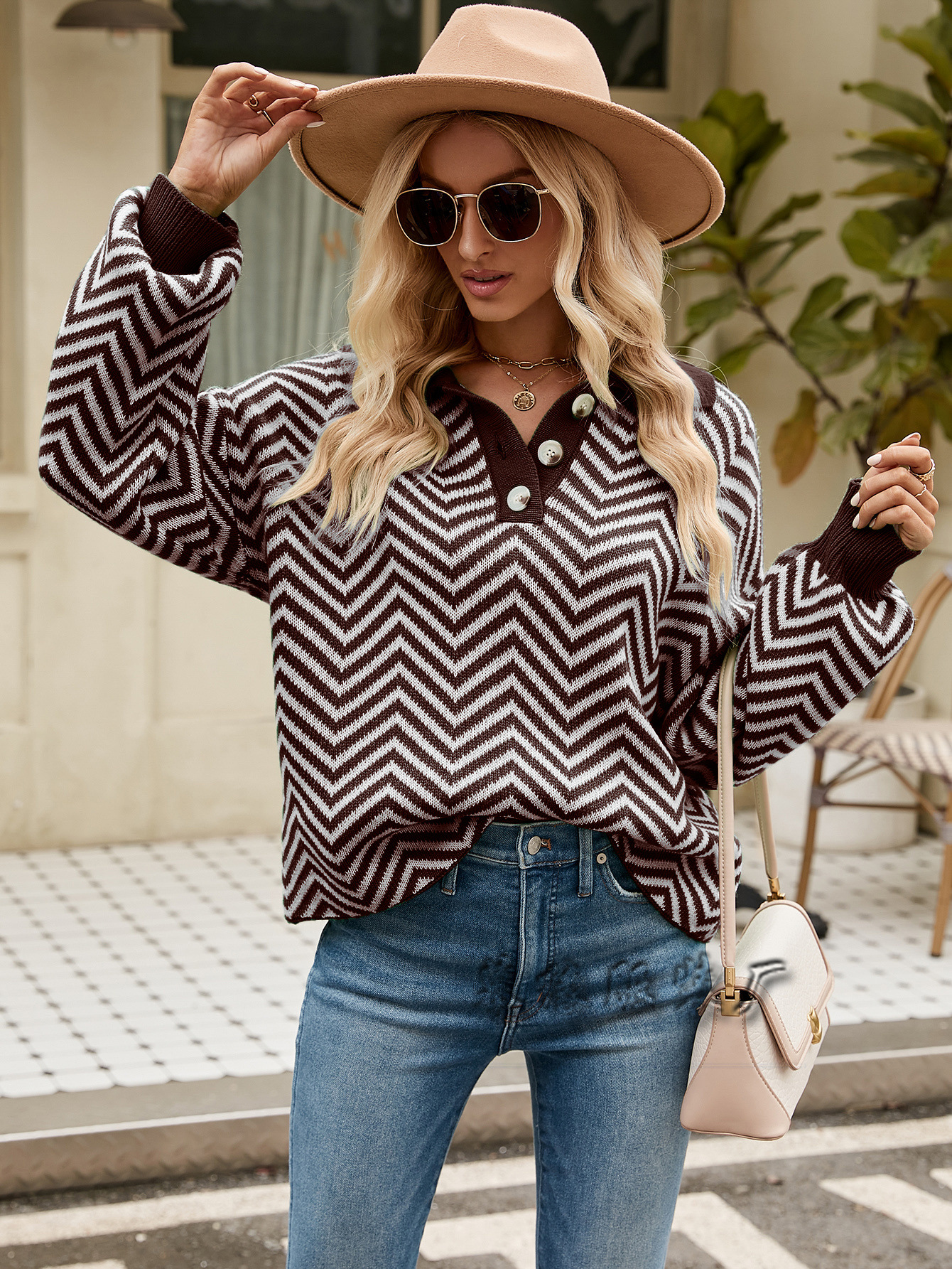 Striped Sweater Women's Long-sleeved Lapel