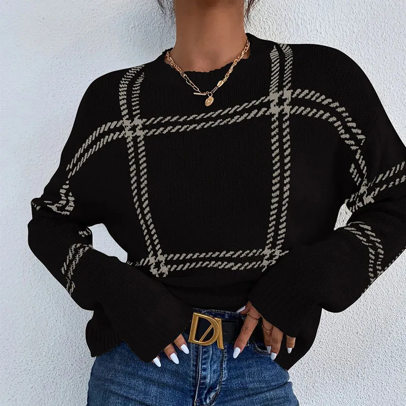 Women's Casual Plaid Color-block Crew Neck Sweater - Black