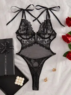 Lace Embroidery See-through Body-shaping Corsets With Steel Ring - Black - View 1